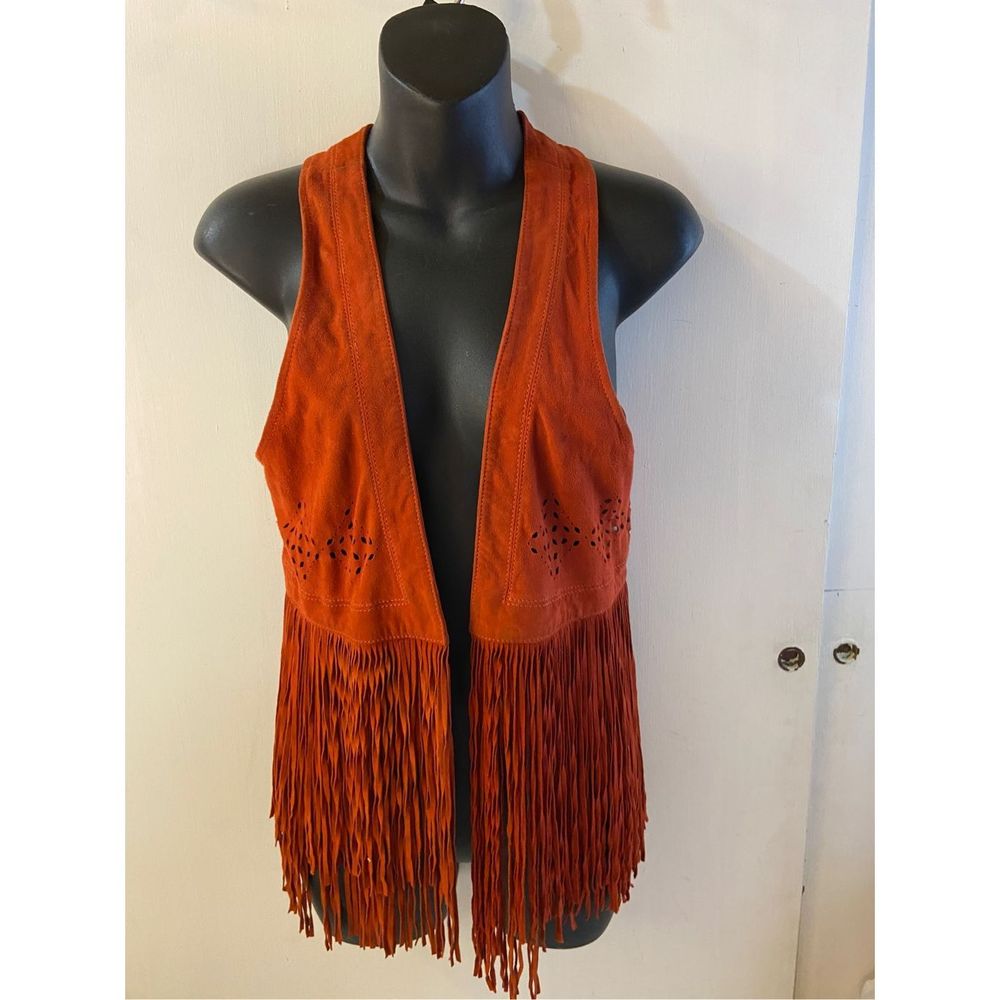 Hollister fringe cowboy vest rust orange color Small sleeveless Genuine Leather